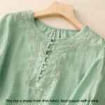 Buddha Stones Line Embroidery Button Crew Neck Half Sleeve Women's Cotton Shirt - image 2