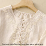 Buddha Stones Line Embroidery Button Crew Neck Half Sleeve Women's Cotton Shirt - image 7
