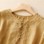 Buddha Stones Line Embroidery Button Crew Neck Half Sleeve Women's Cotton Shirt - image 21