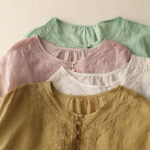 Buddha Stones Line Embroidery Button Crew Neck Half Sleeve Women's Cotton Shirt - image 20