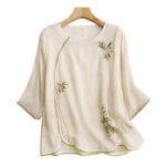 Buddha Stones Beige Floral Green Leaf Embroidery Crew Neck Three Quarter Sleeve Women's Cotton Shirt - image 13