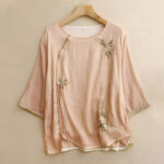 Buddha Stones Beige Floral Green Leaf Embroidery Crew Neck Three Quarter Sleeve Women's Cotton Shirt - PeachPuff - US12，UK/AU16，EU44 (2XL) - image 14