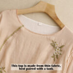 Buddha Stones Beige Floral Green Leaf Embroidery Crew Neck Three Quarter Sleeve Women's Cotton Shirt - image 15