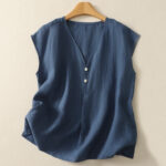 Buddha Stones Retro V-Neck Button Design Women's Cotton Sleeveless Vest - SteelBlue - US8-10，UK/AU12-14，EU40-42 (2XL) - image 1