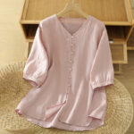 Buddha Stones Solid Buttons V-Neck Half Sleeve Women's Shirt - LightPink - US12，UK/AU16，EU44 (2XL) - image 1