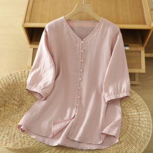 Buddha Stones Solid Buttons V-Neck Half Sleeve Women's Shirt - LightPink - US12，UK/AU16，EU44 (2XL) - image 1