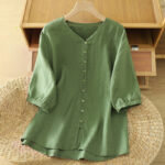 Buddha Stones Solid Buttons V-Neck Half Sleeve Women's Shirt - DarkSeaGreen - US12，UK/AU16，EU44 (2XL) - image 17