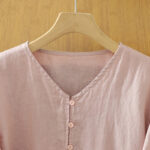 Buddha Stones Solid Buttons V-Neck Half Sleeve Women's Shirt - image 3