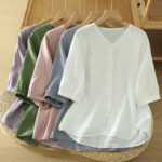 Buddha Stones Solid Buttons V-Neck Half Sleeve Women's Shirt - image 2