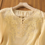 Buddha Stones Flower Vines Embroidery Button Crew Neck Three Quarter Sleeve Women's Cotton Shirt - image 5