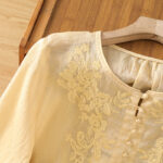 Buddha Stones Flower Vines Embroidery Button Crew Neck Three Quarter Sleeve Women's Cotton Shirt - image 7