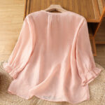 Buddha Stones Flower Vines Embroidery Button Crew Neck Three Quarter Sleeve Women's Cotton Shirt - image 19