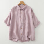 Buddha Stones Casual Plain Buttons Women's Cotton Linen Half Sleeve Shirt - Thistle - US12，UK/AU16，EU44 (2XL) - image 2