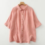 Buddha Stones Casual Plain Buttons Women's Cotton Linen Half Sleeve Shirt - Salmon - US12，UK/AU16，EU44 (2XL) - image 9