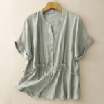 Buddha Stones Summer Button Lace-up Short Sleeve Women's Cotton Shirt - DarkSeaGreen - US8-10，UK/AU12-14，EU40-42 (2XL) - image 13