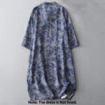 Buddha Stones Flower Leaf Print Frog-Button Half Sleeve Mandarin Collar Cotton Midi Dress - image 2