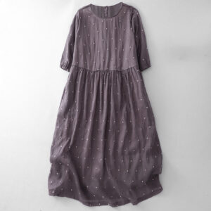 Buddha Stones Back Button Dot Pattern Half Sleeve Cotton Linen Midi Dress With Pockets - MediumOrchid - US8-10，UK/AU12-14，EU40-42 (2XL) - image 1
