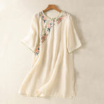 Buddha Stones Embroidery Flower Hem Slit Design Half Sleeve Cotton Linen Zen Midi Dress - Beige - US8-10，UK/AU12-14，EU40-42 (2XL) - image 7