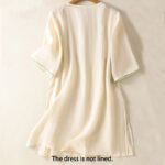 Buddha Stones Embroidery Flower Hem Slit Design Half Sleeve Cotton Linen Zen Midi Dress - image 8