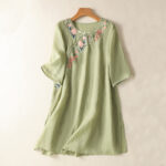 Buddha Stones Embroidery Flower Hem Slit Design Half Sleeve Cotton Linen Zen Midi Dress - LightGreen - US8-10，UK/AU12-14，EU40-42 (2XL) - image 1