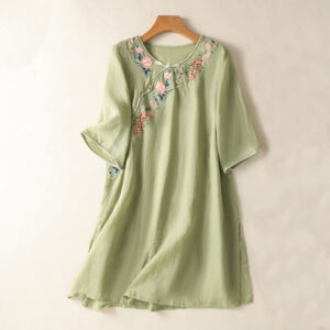 Buddha Stones Embroidery Flower Hem Slit Design Half Sleeve Cotton Linen Zen Midi Dress - LightGreen - US8-10，UK/AU12-14，EU40-42 (2XL) - image 1