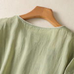 Buddha Stones Embroidery Flower Hem Slit Design Half Sleeve Cotton Linen Zen Midi Dress - image 3