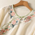 Buddha Stones Embroidery Flower Hem Slit Design Half Sleeve Cotton Linen Zen Midi Dress - image 9