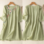 Buddha Stones Embroidery Flower Hem Slit Design Half Sleeve Cotton Linen Zen Midi Dress - image 6