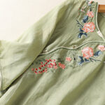 Buddha Stones Embroidery Flower Hem Slit Design Half Sleeve Cotton Linen Zen Midi Dress - image 4