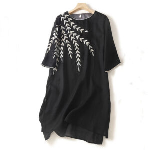 Buddha Stones Casual Embroidery Split Three Quarter Sleeve Cotton Linen Midi Dress - Black - US8-10，UK/AU12-14，EU40-42 (2XL) - image 1