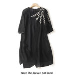 Buddha Stones Casual Embroidery Split Three Quarter Sleeve Cotton Linen Midi Dress - image 2