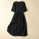Buddha Stones Summer Jacquard Drawstring Pleated Design Cotton Linen Midi Dress With Pockets - Black - US14，UK/AU18，EU46 (2XL) - image 16