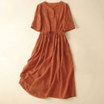Buddha Stones Summer Jacquard Drawstring Pleated Design Cotton Linen Midi Dress With Pockets - DarkOrange - US14，UK/AU18，EU46 (2XL) - image 1