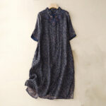 Buddha Stones Retro Embroidery Frog-Button Cotton Linen Cheongsam Midi Dress With Pockets - MidnightBlue - US8-10，UK/AU12-14，EU40-42 (2XL) - image 12