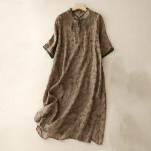 Buddha Stones Retro Embroidery Frog-Button Cotton Linen Cheongsam Midi Dress With Pockets - DarkKhaki - US8-10，UK/AU12-14，EU40-42 (2XL) - image 1