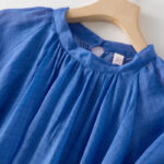 Buddha Stones Plain Drawstring Three Quarter Puff Sleeve Cotton Linen Maxi Dress With Pockets - image 5