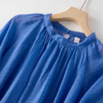 Buddha Stones Plain Drawstring Three Quarter Puff Sleeve Cotton Linen Maxi Dress With Pockets - image 4