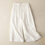 Buddha Stones Plain Color 7-8 Length Capri Cropped Pants Cotton Linen Women's Wide Leg Pants With Pockets - White - US12，UK/AU16，EU44 (3XL) - image 7
