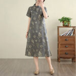 Buddha Stones Retro DarkGray Chinese Frog-Button Cotton Cheongsam Midi Dress With Pockets - image 4