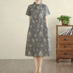 Buddha Stones Retro DarkGray Chinese Frog-Button Cotton Cheongsam Midi Dress With Pockets - image 3