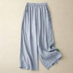 Buddha Stones Plain Color Lace Stitching Cotton Linen Women's Wide Leg Pants With Pockets - LightSkyBlue - US8-10，UK/AU12-14，EU40-42 (2XL) - image 1
