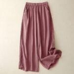 Buddha Stones Plain Color Lace Stitching Cotton Linen Women's Wide Leg Pants With Pockets - PaleVioletRed - US8-10，UK/AU12-14，EU40-42 (2XL) - image 14