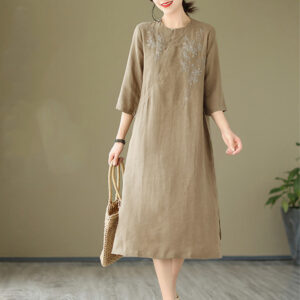 Buddha Stones Vintage Embroidery Three Quarter Sleeve Cotton Linen Midi Dress With Pockets - DarkKhaki - US8-10，UK/AU12-14，EU40-42 (2XL) - image 1