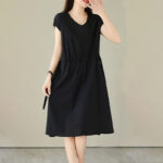 Buddha Stones Casual Pure Color Lace-Up Short Sleeve Cotton Linen Midi Dress With Pockets - image 20