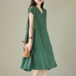Buddha Stones Casual Pure Color Lace-Up Short Sleeve Cotton Linen Midi Dress With Pockets - image 3