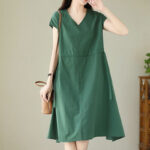 Buddha Stones Casual Pure Color Lace-Up Short Sleeve Cotton Linen Midi Dress With Pockets - image 4