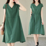 Buddha Stones Casual Pure Color Lace-Up Short Sleeve Cotton Linen Midi Dress With Pockets - image 7