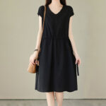 Buddha Stones Casual Pure Color Lace-Up Short Sleeve Cotton Linen Midi Dress With Pockets - image 21