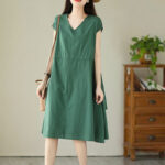 Buddha Stones Casual Pure Color Lace-Up Short Sleeve Cotton Linen Midi Dress With Pockets - image 5