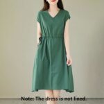 Buddha Stones Casual Pure Color Lace-Up Short Sleeve Cotton Linen Midi Dress With Pockets - image 2